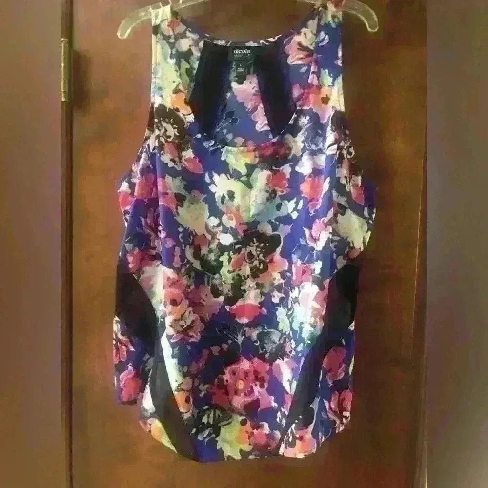 NICOLE MILLER FLORAL SHEER CASUAL BEACH POOL VACATION SUN TANK TOP SIZE L